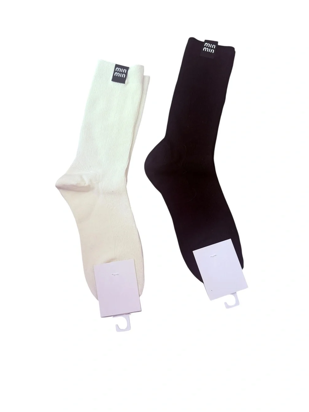 2 Pair Ribbed Miu Miu Outlet Crew Socks - Black & Cream